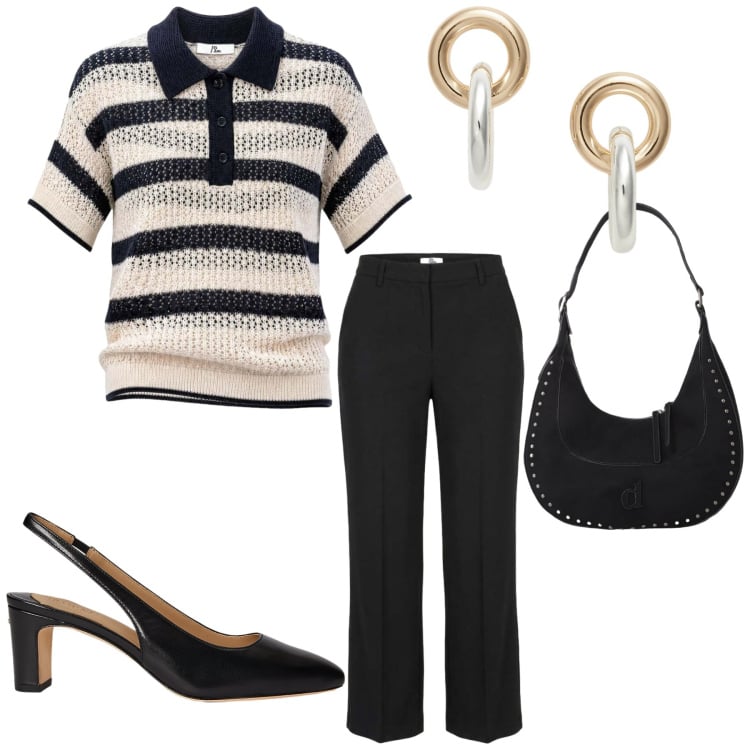 Outfit donna - Total look #2447726. Stile Basic per Ufficio. Abbinamento con polo, pantaloni a palazzo, borse a spalla, orecchini, décolleté.