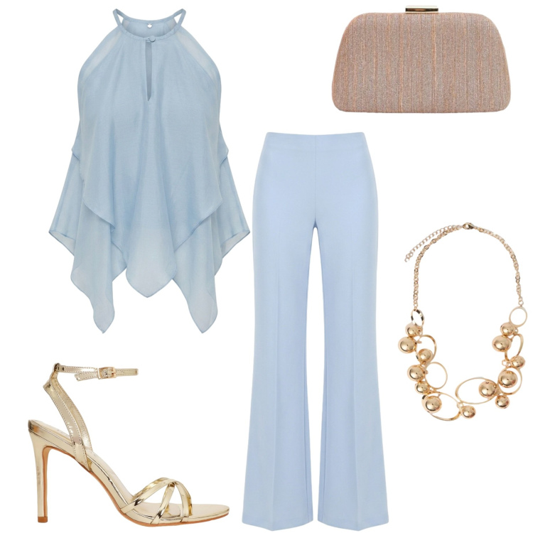 Outfit donna - Cerimonia estiva. Stile Chic per Cerimonia. Abbinamento con sandali col tacco, canottiere, pantaloni a palazzo, pochette, collane.