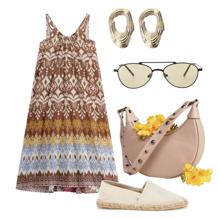 Outfit donna - Agosto. Stile Trendy per Tutti i giorni. Abbinamento con borse a spalla, orecchini, occhiali da sole, vestiti lunghi, espadrillas.