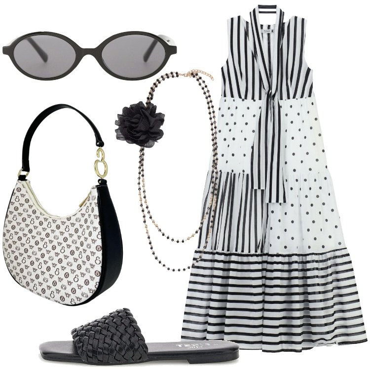 Outfit donna - Romantica con il maxi-dress. Stile Romantica per Serata fuori. Abbinamento con vestiti lunghi, occhiali da sole, collane, borse a spalla, ciabatte.