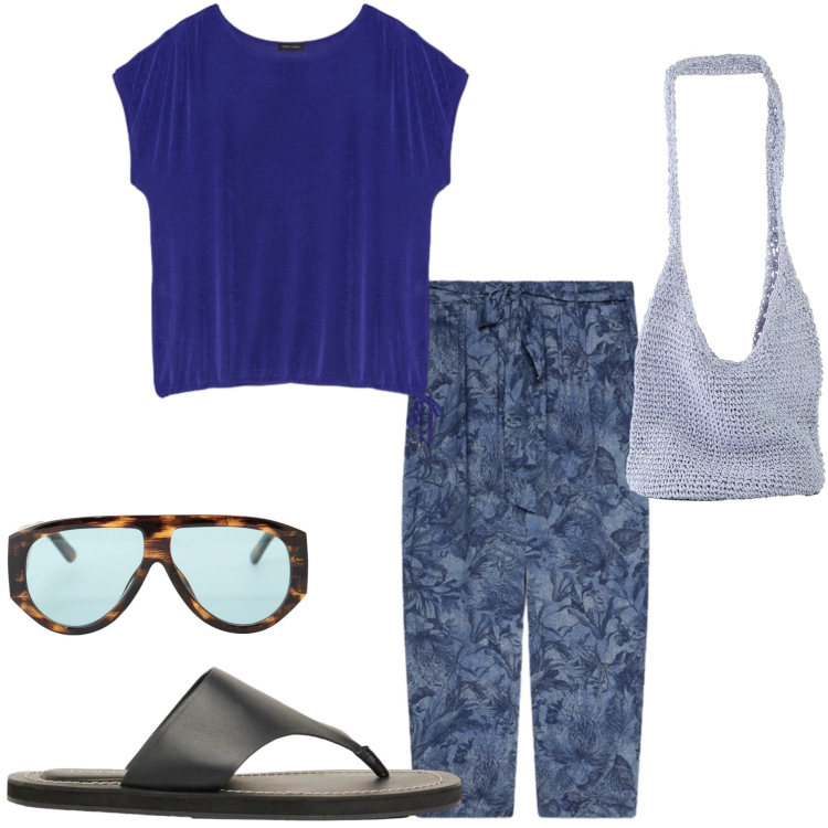 Outfit donna - Agosto. Stile Casual per Tutti i giorni. Abbinamento con shopping bag, infradito, occhiali da sole, pantaloni, t-shirt.