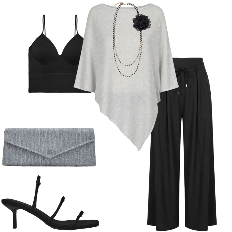 Outfit donna - Cerimonia estiva. Stile Chic per Cerimonia. Abbinamento con sandali col tacco, top, pochette, cappotti, pantaloni a palazzo, collane.