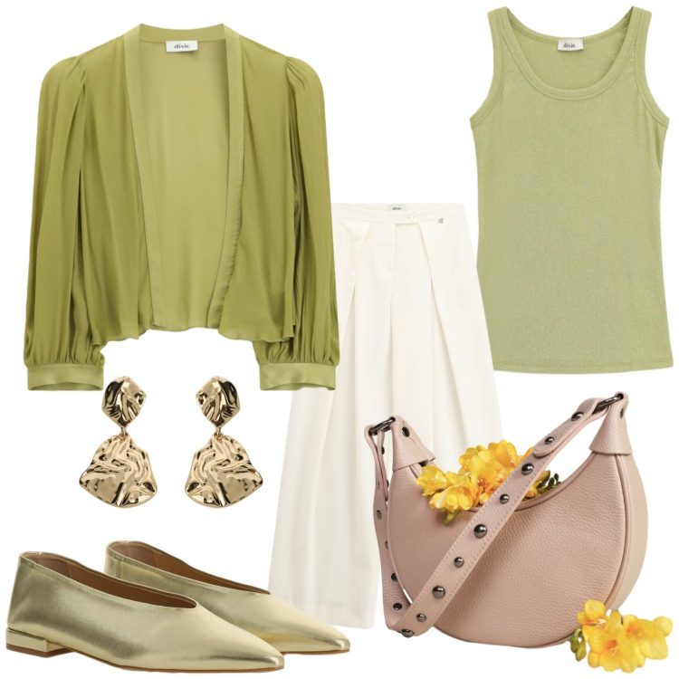 Outfit donna - Dixie per la giornata. Stile Casual chic per Tutti i giorni. Abbinamento con bolero, ballerine, borse a spalla, orecchini, top, pantaloni a palazzo.