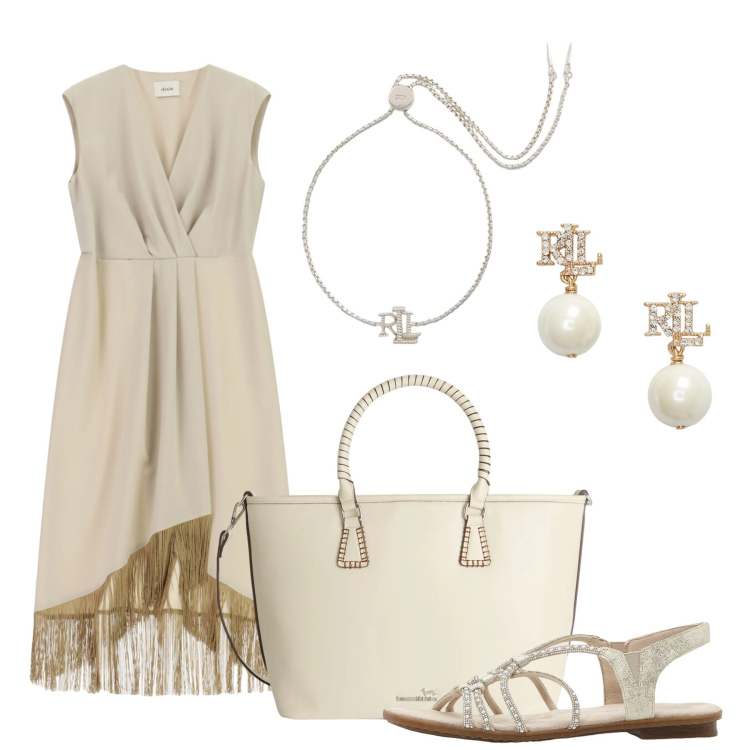 Outfit donna - Chic con le frange. Stile Chic per Tutti i giorni. Abbinamento con sandali, shopping bag, vestiti asimmetrici, orecchini, braccialetti.