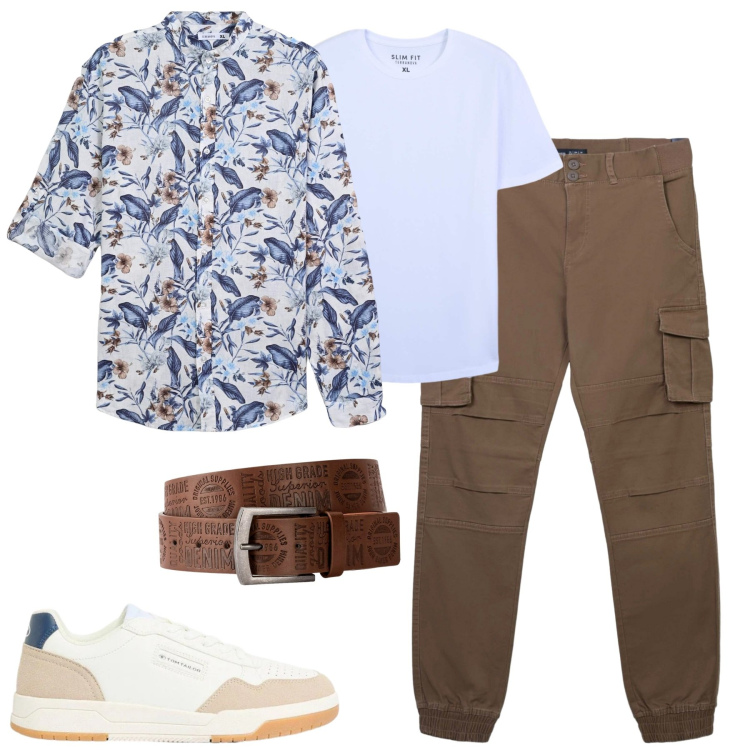 Outfit uomo - Camicia aperta. Stile Casual per Tutti i giorni. Abbinamento con cinture, sneakers, camicie, t-shirt, pantaloni cargo.