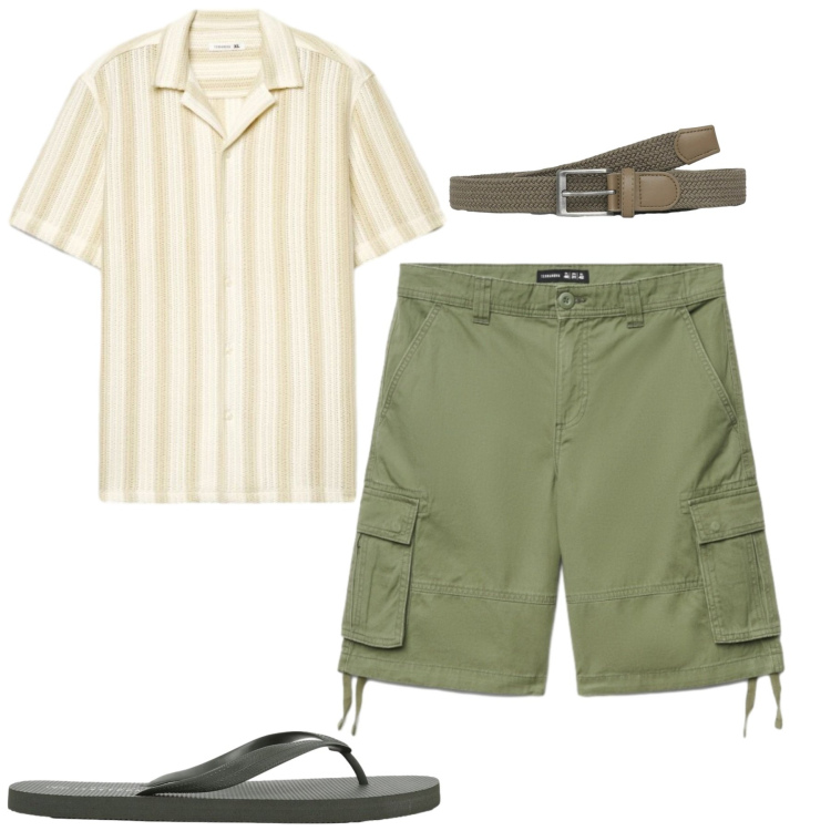 Outfit uomo - Agosto. Stile Casual per Tutti i giorni. Abbinamento con cinture, shorts, sandali, camicie a manica corta.
