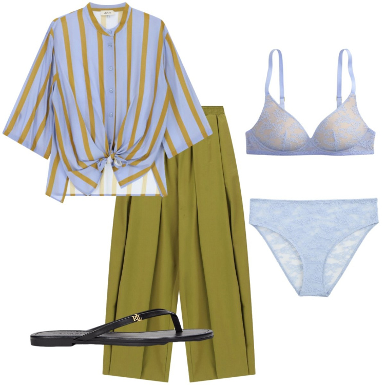 Outfit donna - La camicia a righe d’estate. Stile Basic per Mare. Abbinamento con camicie, pantaloni a palazzo, culotte, ciabatte, reggiseni.