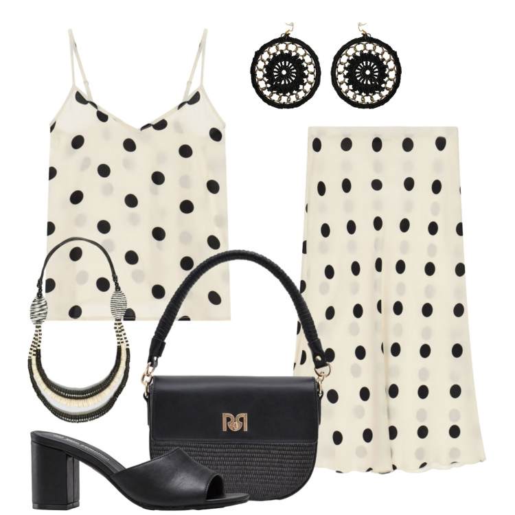 Outfit donna - Pois mania. Stile Bon Ton per Tutti i giorni. Abbinamento con sandali col tacco, top, gonne longuette, orecchini, borse a spalla, collane.