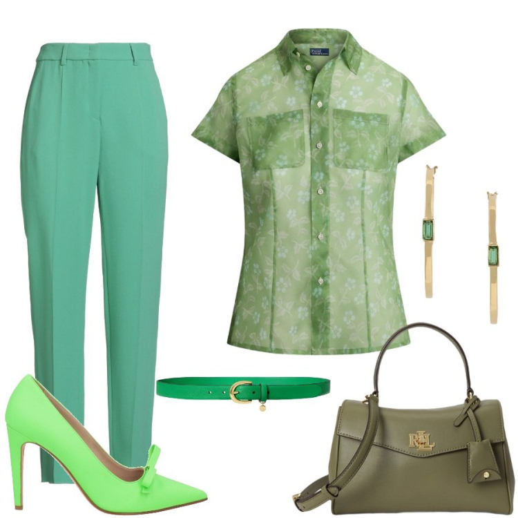Outfit donna - Total look #2447746. Stile Casual chic per Tutti i giorni. Abbinamento con pantaloni, décolleté, cinture, borse a mano, orecchini, camicie a manica corta.