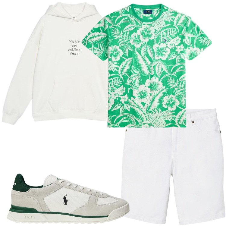 Outfit uomo - T-shirt floreale. Stile Trendy per Serata speciale. Abbinamento con bermuda, felpe con cappuccio, sneakers, t-shirt.