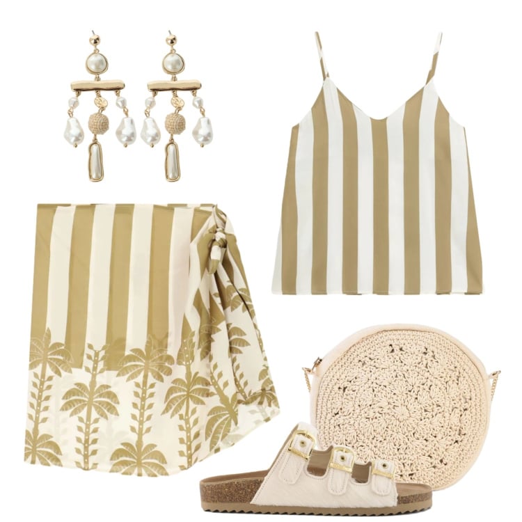Outfit donna - Gonna pareo in tendenza. Stile Casual chic per Tutti i giorni. Abbinamento con borse a tracolla, minigonne, top, orecchini, sandali in pelle.
