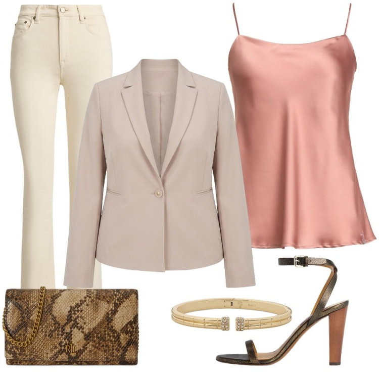 Outfit donna - Total look #2447796. Stile Casual chic per Tutti i giorni. Abbinamento con top, blazer, jeans bootcut, braccialetti, borse a tracolla, sandali col tacco.