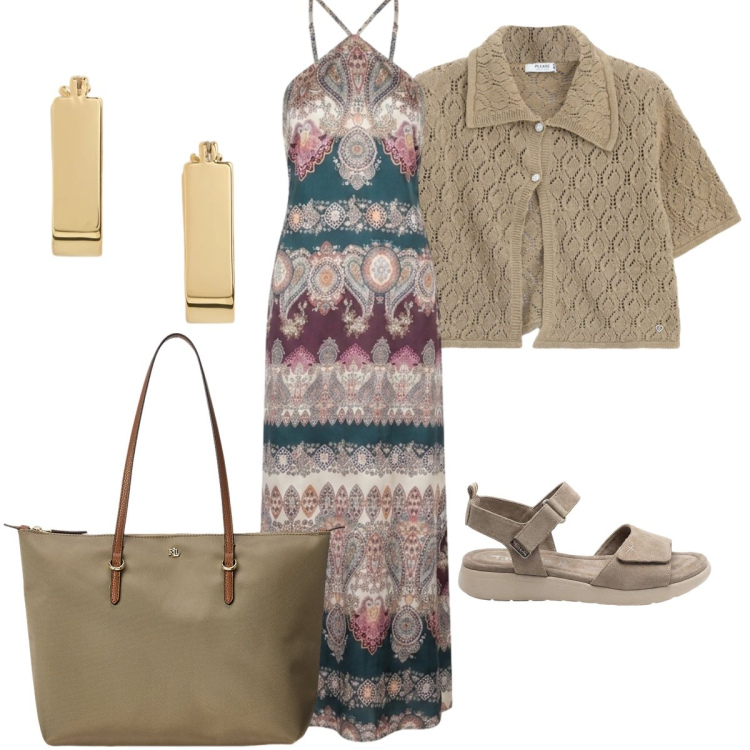 Outfit donna - In città. Stile Chic per Tutti i giorni. Abbinamento con sandali, maglieria, vestiti lunghi, borse tote, orecchini.