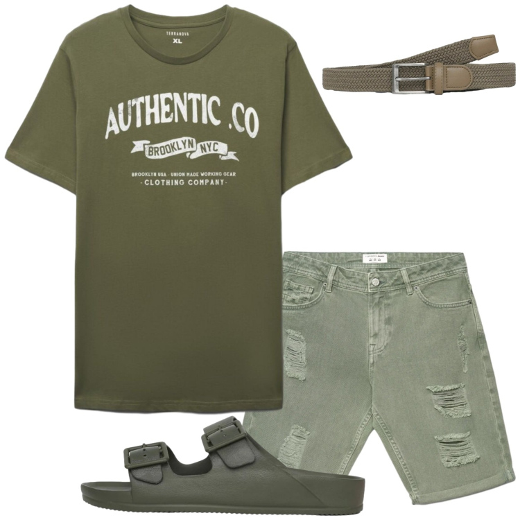 Outfit uomo - Total look #2447799. Stile Casual per Mare. Abbinamento con cinture, t-shirt, bermuda, sandali.