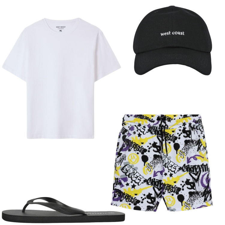 Outfit uomo - Total look #2447801. Stile Trendy per Mare. Abbinamento con pantaloni corti, t-shirt, sandali, cappelli con visiera.