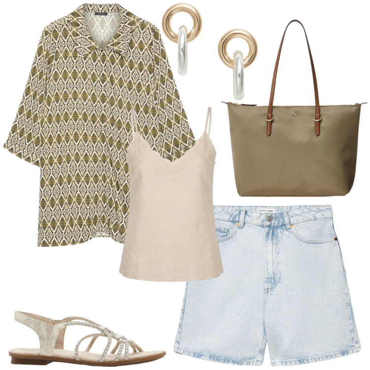 Outfit donna - Total look #2447810. Stile Casual per Tutti i giorni. Abbinamento con sandali, bermuda, top, camicie, borse tote, orecchini.