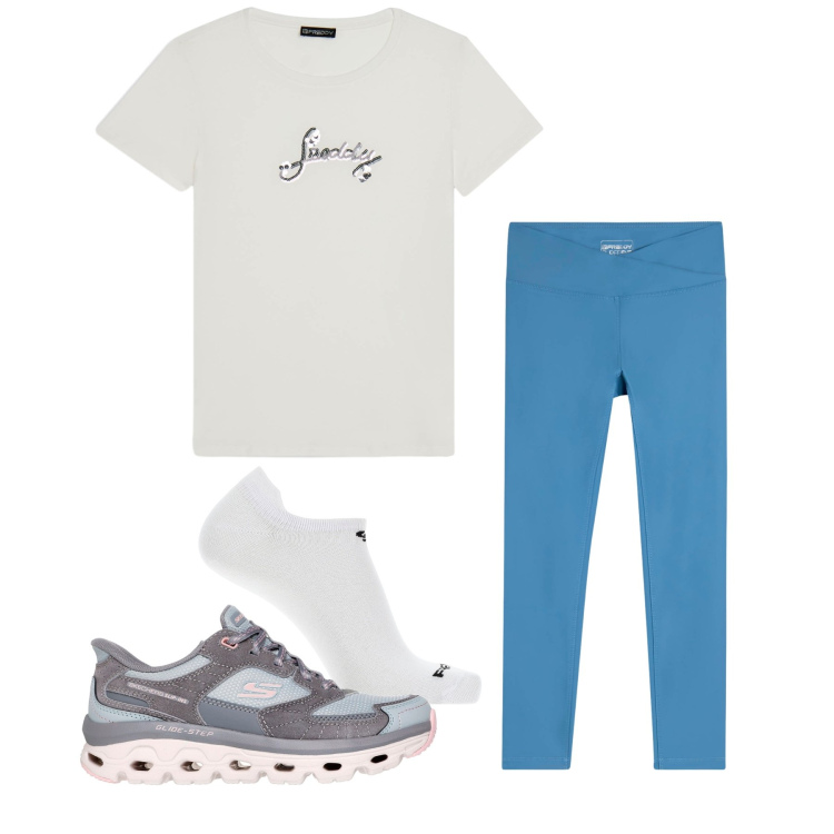 Outfit donna - Agosto. Stile Sporty chic per Sport. Abbinamento con calzini, t-shirt, leggings, sneakers.