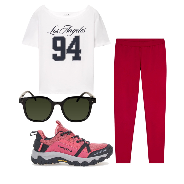 Outfit donna - Agosto. Stile Sporty chic per Sport. Abbinamento con t-shirt, leggings, occhiali da sole, scarpe sportive.
