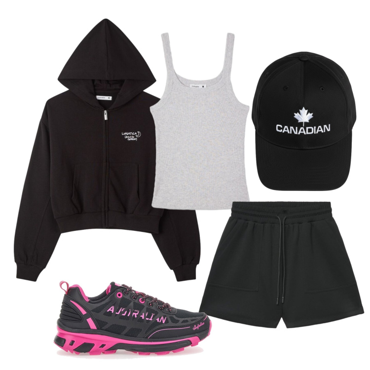 Outfit donna - Agosto. Stile Sporty chic per Sport. Abbinamento con felpe con cappuccio, bermuda, canottiere, berretti, scarpe sportive.