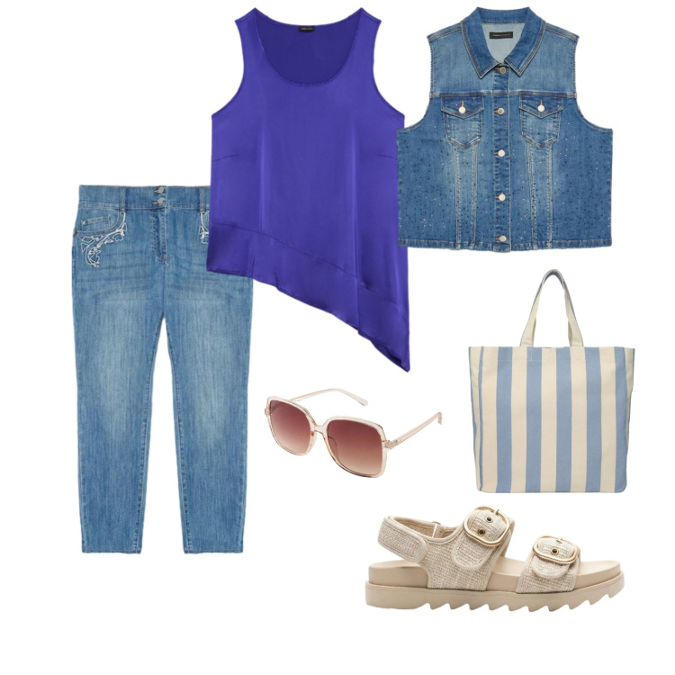 Outfit donna - Passeggiata comoda. Stile Sporty chic per Tutti i giorni. Abbinamento con jeans skinny, gilet, canottiere, shopping bag, occhiali da sole, sandali.