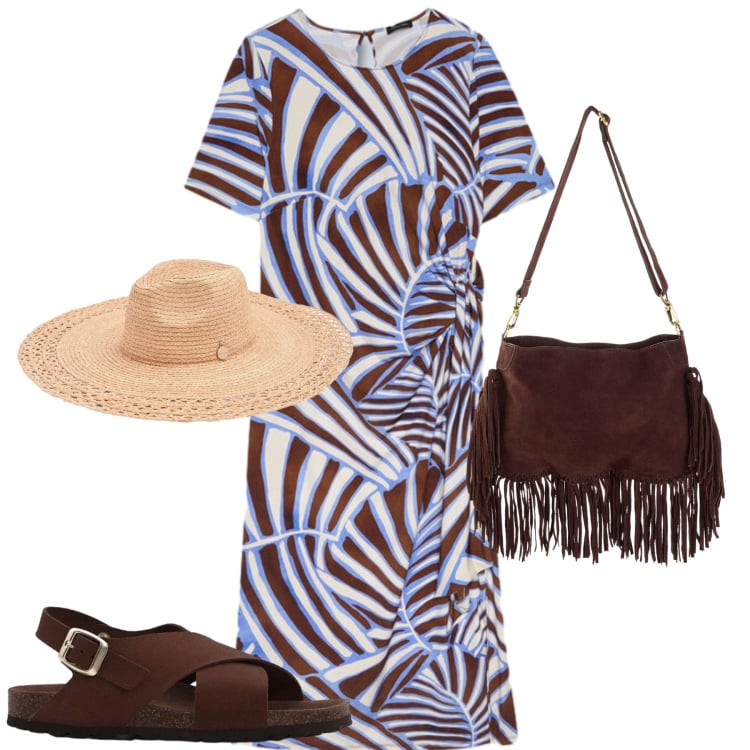 Outfit donna - Agosto print. Stile Bon Ton per Tutti i giorni. Abbinamento con borse a tracolla, sandali in pelle, cappelli, vestiti asimmetrici.