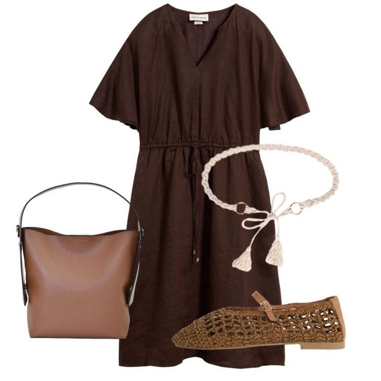 Outfit donna - Agosto moka. Stile Bon Ton per Ufficio. Abbinamento con vestiti, ballerine, borse a mano, cinture.