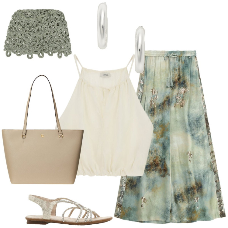 Outfit donna - Il cappello “zuccotto” stille boho-chic. Stile Boho per Tutti i giorni. Abbinamento con sandali, pantaloni a palazzo, accessori per capelli, top, borse tote, orecchini.