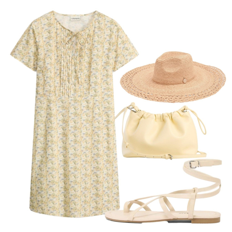 Outfit donna - Agosto. Stile Bon Ton per Tutti i giorni. Abbinamento con sandali, vestiti corti, borse a tracolla, cappelli.