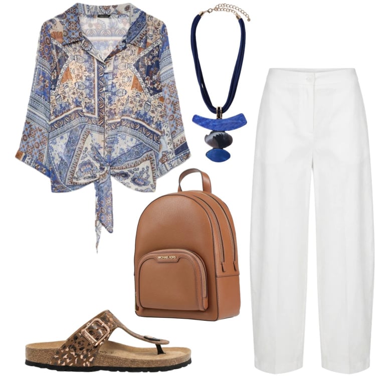 Outfit donna - Capi freschi e leggeri ad agosto. Stile Casual per Tutti i giorni. Abbinamento con zaini, infradito, pantaloni, bluse, ciondoli.