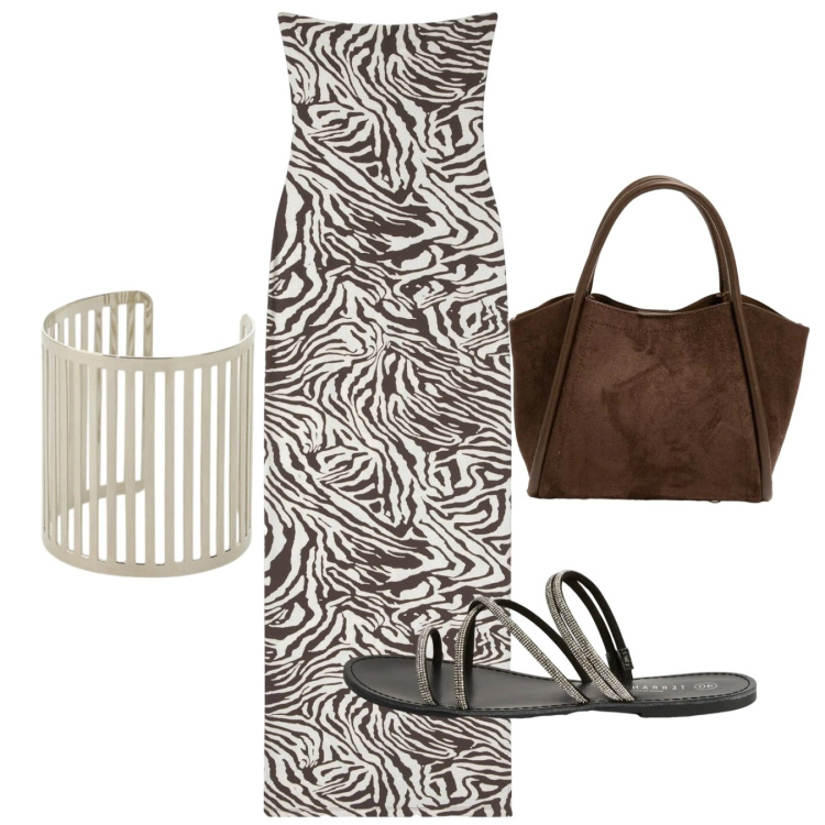 Outfit donna - Agosto. Stile Chic per Tutti i giorni. Abbinamento con sandali, vestiti lunghi, braccialetti, borse a spalla.