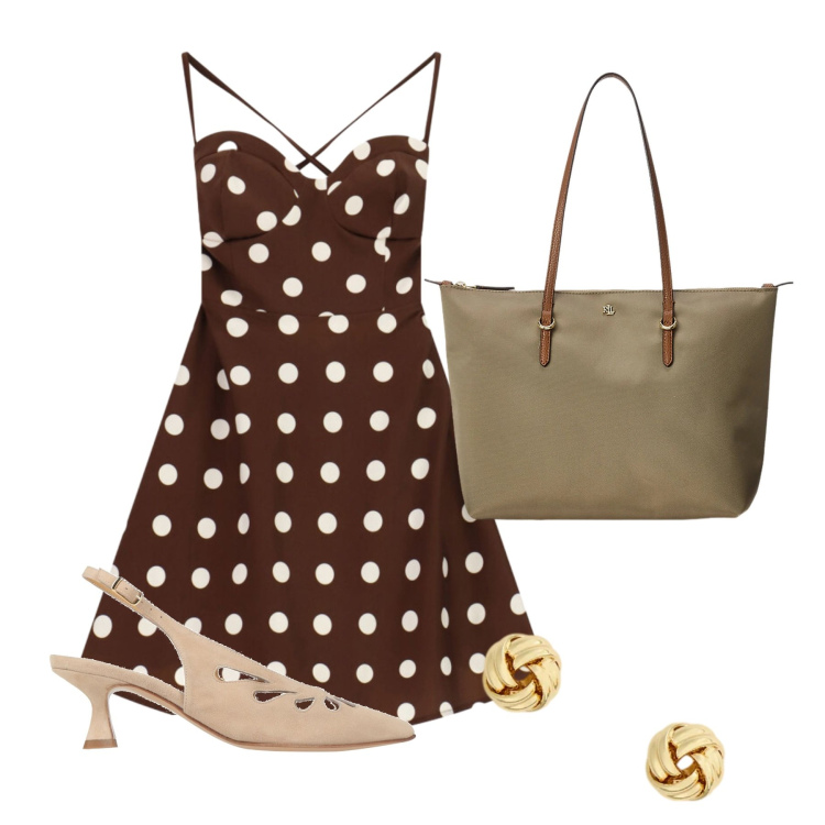 Outfit donna - Pois. Stile Chic per Ufficio. Abbinamento con décolleté, vestiti corti, borse tote, orecchini.
