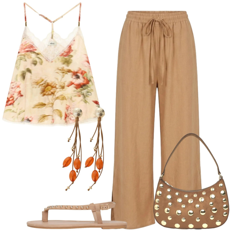 Outfit donna - Passeggiata estiva. Stile Casual per Tutti i giorni. Abbinamento con borse a tracolla, ciabatte, orecchini, top, pantaloni.