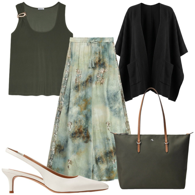 Outfit donna - Total look #2447864. Stile Trendy per Tutti i giorni. Abbinamento con pantaloni a palazzo, cappe, canottiere, borse tote, décolleté.
