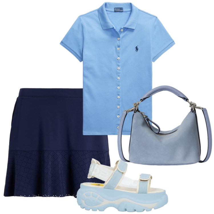 Outfit donna - Agosto: azzurro mare - @susystyle. Stile Sporty chic per Tutti i giorni. Abbinamento con sandali col tacco, polo, minigonne, borse a spalla.