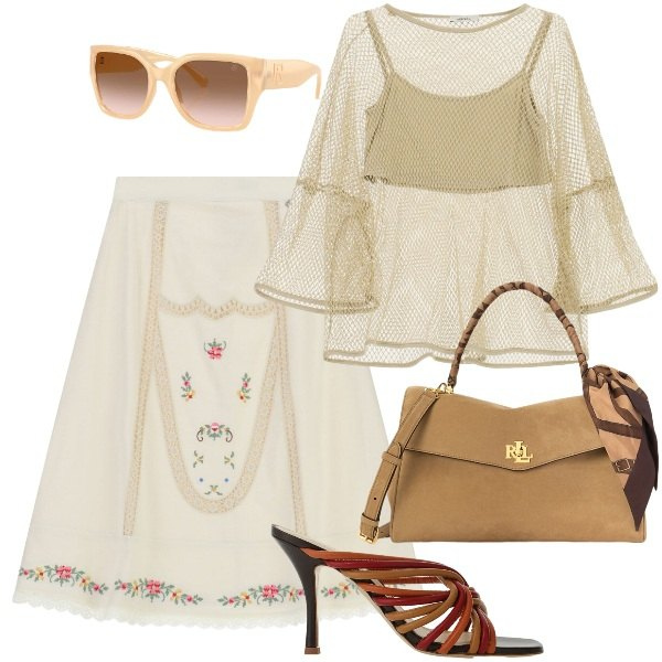Outfit donna - Agosto in città. Stile Chic per Ufficio. Abbinamento con top, sandali col tacco, gonne longuette, occhiali da sole, borse a mano.