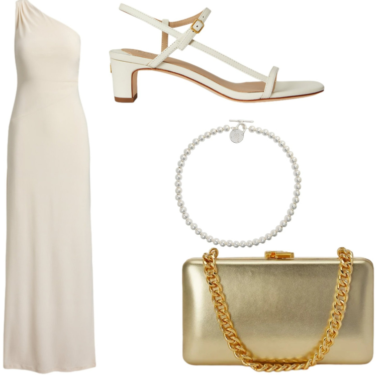 Outfit donna - Serata da diva. Stile Chic per Serata fuori. Abbinamento con collane, sandali in pelle, clutch, vestiti asimmetrici.