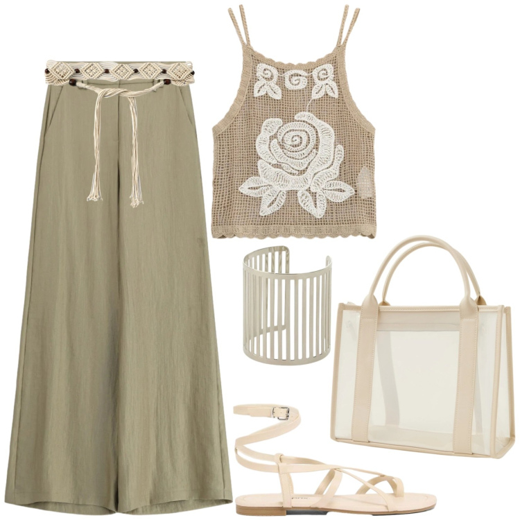 Outfit donna - Bastano piccoli accorgimenti mirati. Stile Casual per Tutti i giorni. Abbinamento con sandali, borse tote, cinture, pantaloni a palazzo, braccialetti, top.