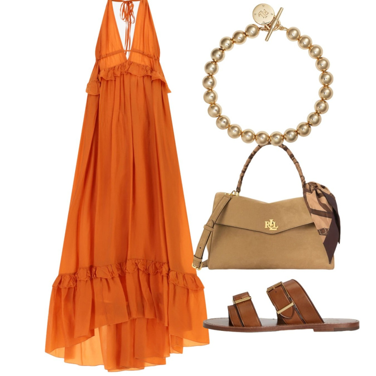Outfit donna - Il maxi-dress per agosto. Stile Romantica per Serata fuori. Abbinamento con vestiti lunghi, sandali in pelle, borse a mano, braccialetti.