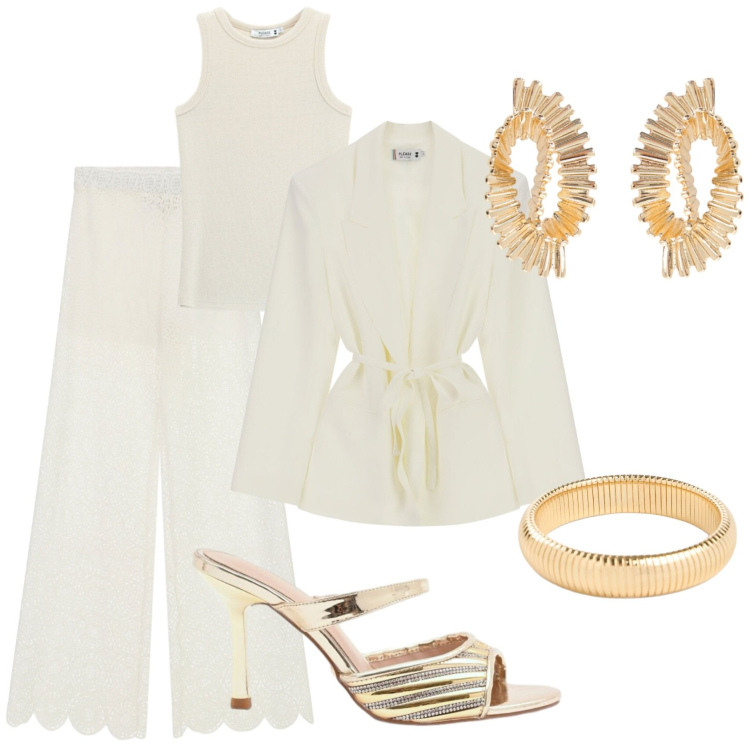 Outfit donna - Clitemnestra. Stile Chic per Cerimonia. Abbinamento con braccialetti, pantaloni a palazzo, blazer, canottiere, orecchini, sabot.
