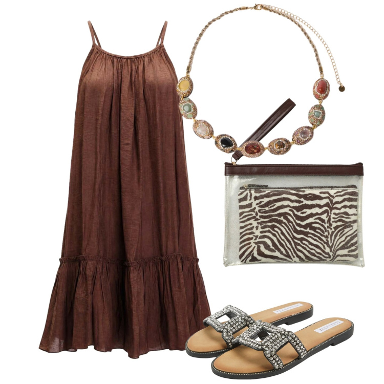 Outfit donna - Agosto. Stile Chic per Mare. Abbinamento con ciabatte, pochette, vestiti corti, collane.