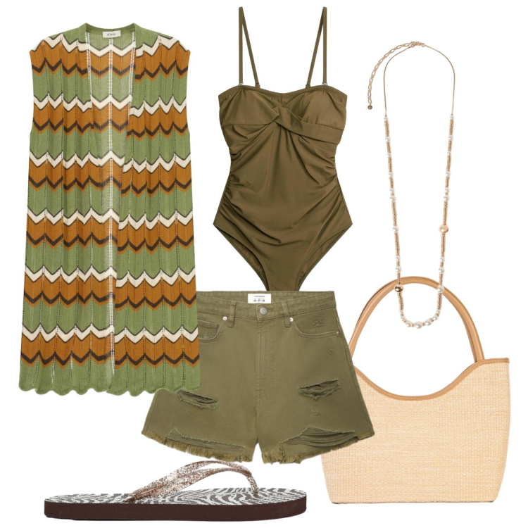 Outfit donna - Mare chic. Stile Chic per Mare. Abbinamento con shopping bag, costumi interi, shorts, infradito, gilet, collane.