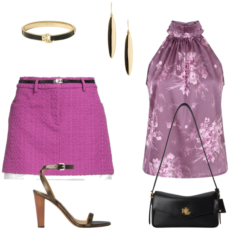 Outfit donna - Agosto. Stile Chic per Serata fuori. Abbinamento con minigonne, top, orecchini, braccialetti, sandali col tacco, borse a spalla.