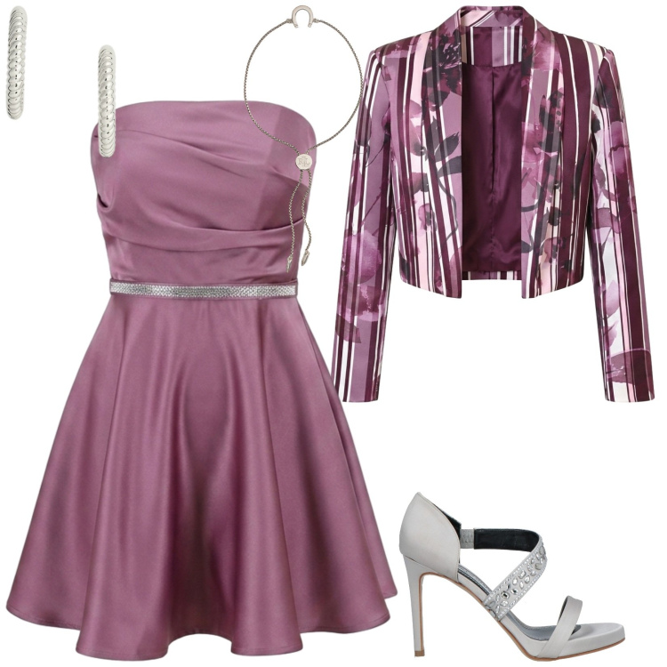 Outfit donna - Laurea mini dress da ballo. Stile Glamour per Cerimonia. Abbinamento con sandali in pelle, vestiti corti, blazer, orecchini, braccialetti con ciondoli.