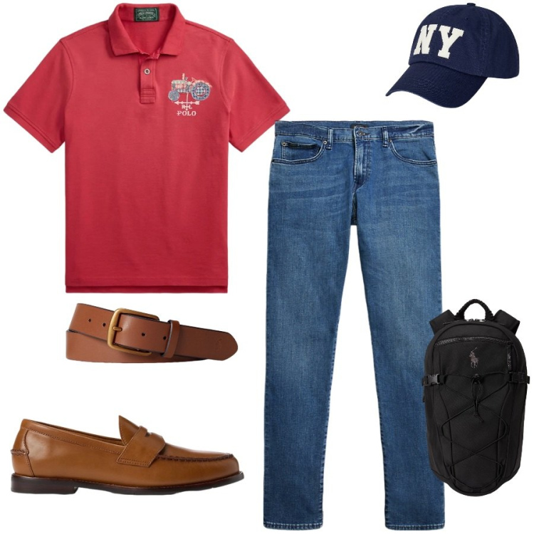 Outfit uomo - Total look #2447889. Stile Casual per Tutti i giorni. Abbinamento con scarpe stringate, cinture, jeans, cappelli, borse sportive, polo.