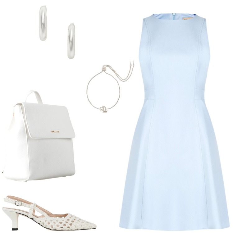 Outfit donna - Azzurro mare. Stile Chic per Tutti i giorni. Abbinamento con zaini, décolleté, vestiti corti, orecchini, braccialetti.