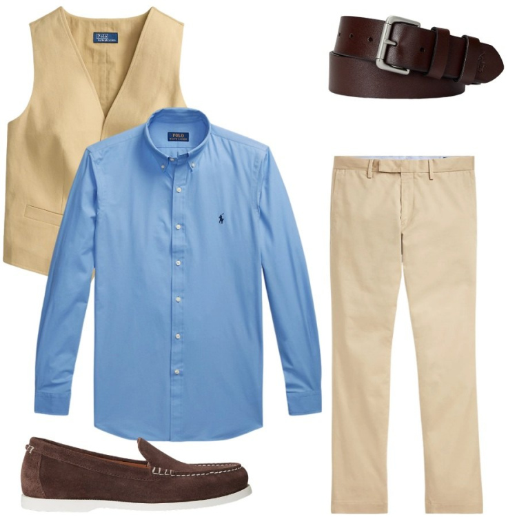 Outfit uomo - Total look #2447893. Stile Casual per Tutti i giorni. Abbinamento con cinture, pantaloni chino, camicie, scarpe stringate, gilet.
