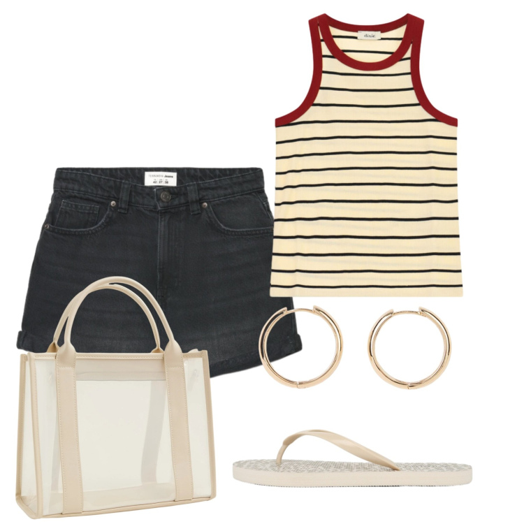 Outfit donna - Shorts. Stile Basic per Tutti i giorni. Abbinamento con orecchini, borse tote, shorts, infradito, top.