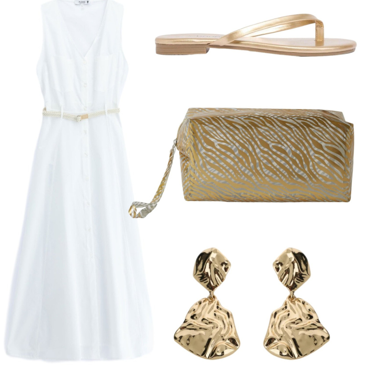 Outfit donna - Dettagli sartoriali per l\' abito bianco. Stile Chic per Tutti i giorni. Abbinamento con sandali, valigie, vestiti lunghi, orecchini.