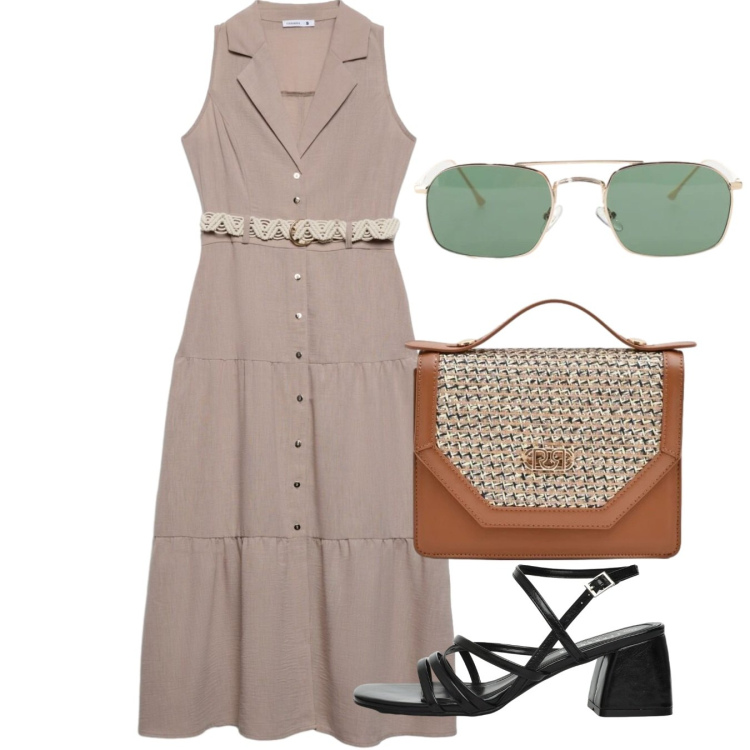Outfit donna - Agosto. Stile Bon Ton per Ufficio. Abbinamento con vestiti chemisier, sandali col tacco, occhiali da sole, pochette.