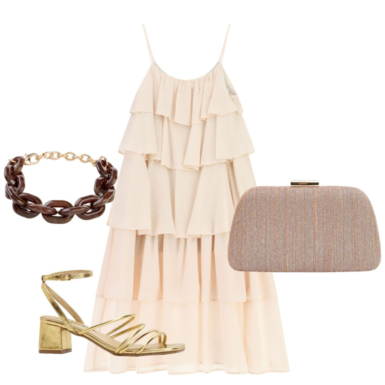 Outfit donna - Ecrù alla cerimonia. Stile Chic per Cerimonia. Abbinamento con sandali col tacco, braccialetti, vestiti lunghi, pochette.